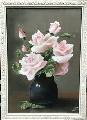 Niet of onleesbaar gesigneerd - Rozen in vaas, gemengde techniek, gesigneerd en gelijst kopen? Bied vanaf 1!