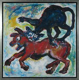 Martin van Wordragen - Olieverf op doek, Straatgevecht - Ingelijst (Groot) verkocht voor € 1!