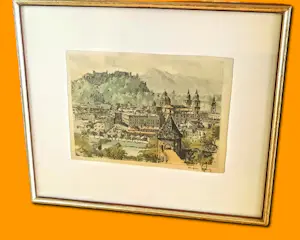 Buy Hans Figura - Farbradierung auf Seide "Salzburg" im Rahmen (27 x 30 cm) sehr guter Zustand? Bid from 70!