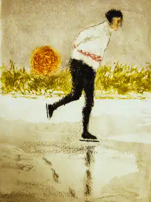 Mart Kempers - Fraaie aquatint ets - schaatser bij ondergaande zon - potloodgesigneerd verkauft für € 60!
