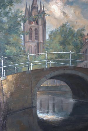 Daniel den Hengst - Delft met de Oude Jan - - ingelijst olieverfschilderij kopen? Bied vanaf 10!