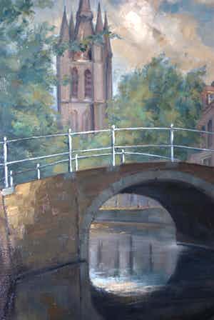 Daniel den Hengst - Delft met de Oude Jan - - ingelijst olieverfschilderij verkocht voor € 10!