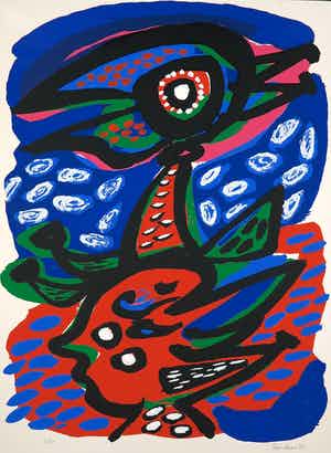 Anton Rooskens - Zeefdruk, Vogel boven het hoofd verkocht voor € 200!