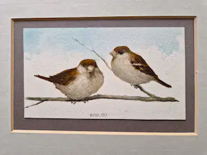 Jan Bos - Prachtig geschilderde aquarel "Mussen op tak" gesigneerd - in passe partout kopen? Bied vanaf 68!