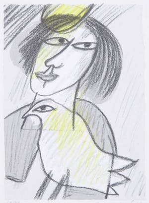 Corneille - Zeefdruk, Femme et oiseau kopen? Bied vanaf 100!