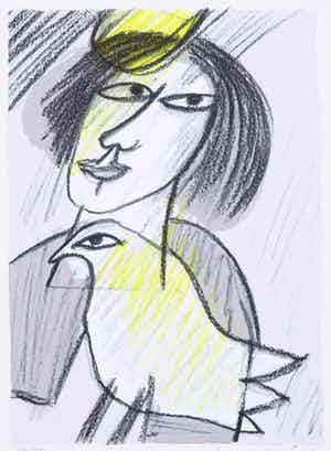 Corneille - Zeefdruk, Femme et oiseau verkocht voor € 100!