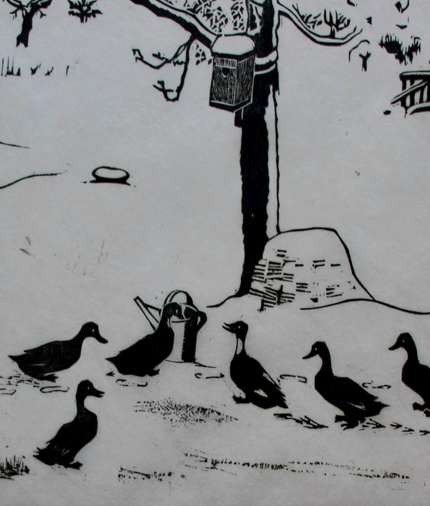 Jan Wittenberg - Ingelijste houtsnede: 'Eendjes in de sneeuw' verkocht voor € 125!