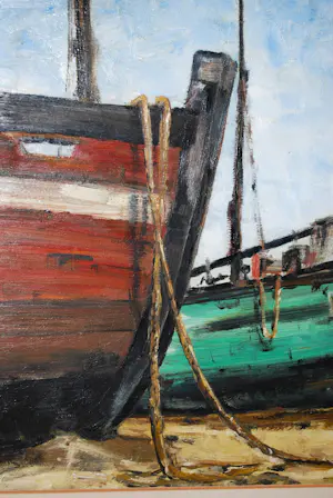 Theo Bitter - vissersbootjes op het strand - olieverfschilderij kopen? Bied vanaf 100!