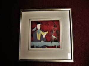 Annora Spence - Groot Litho van bekende Britse Grafica "Man with Bird cage" fraai ingelijst! kopen? Bied vanaf 10!
