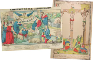 AcheterNiet of onleesbaar gesigneerd - Lot van twee handgekleurde litho's, Naissance de N.S. Jesus-Christ en Jesus entre deux Larrons? Enchérissez de 1!