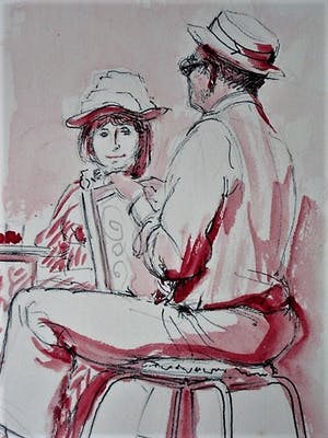 Niet of onleesbaar gesigneerd - Leuke met monogram "IL" gesigneerde Aquarel "op het terras" kopen? Bied vanaf 5!