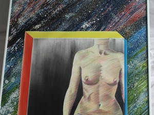 Dirk Visser - Groot, ingelijst, Gemengde techniek , ‘Gesnoerd geweten’ – 1987 kopen? Bied vanaf 50!