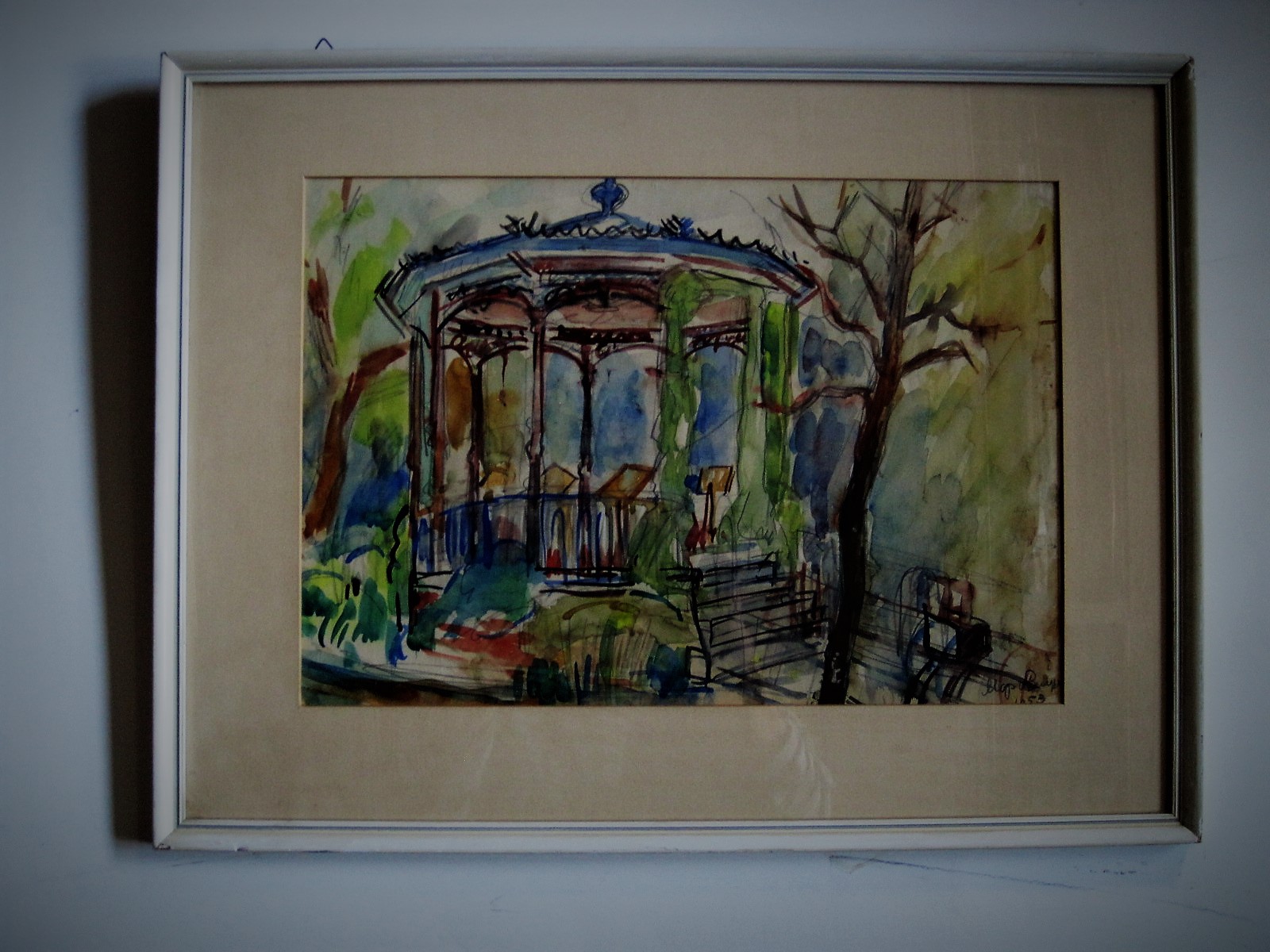 Niet of onleesbaar gesigneerd - gesigneerde ca. 1950 Aquarel "Muziektent"  kopen? Bied vanaf 1!