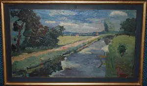 Gerard Wilhelm John van Apeldoorn - zonnig landschap aan een vaart - olieverfschilderij kopen? Bied vanaf 295!