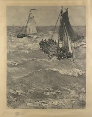 Hendrik Willem Mesdag - & C.L. Dake - Botters op zee - Ingelijst kopen? Bied vanaf 200!