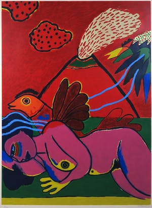 Corneille - Zeefdruk, Femme à l'oiseau et au volcan - Ingelijst (Zeer groot) kopen? Bied vanaf 750!