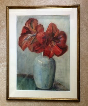 Rudolf de Bruyn Ouboter - Stilleven met twee rode amaryllis bloemen in een vaas 1932 kopen? Bied vanaf 500!