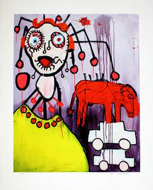 Paul Indrek Kostabi - Kleurengiclee WHERE,S THE BEEF Handgesigneerd. verkocht voor € 65!