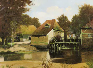 Frans Baaijens - Olieverf op doek, Boerderij met watermolen - Ingelijst kopen? Bied vanaf 1!