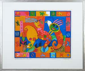 Clemens Briels - Zeefdruk, Birdwatching near San Juan - Ingelijst verkocht voor € 80!