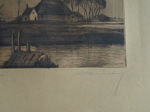 Hubert Hannemann - Ingelijste ets , ‘Bei Haarlem’ (aan het Spaarne?) – ca. 1940 kopen? Bied vanaf 35!