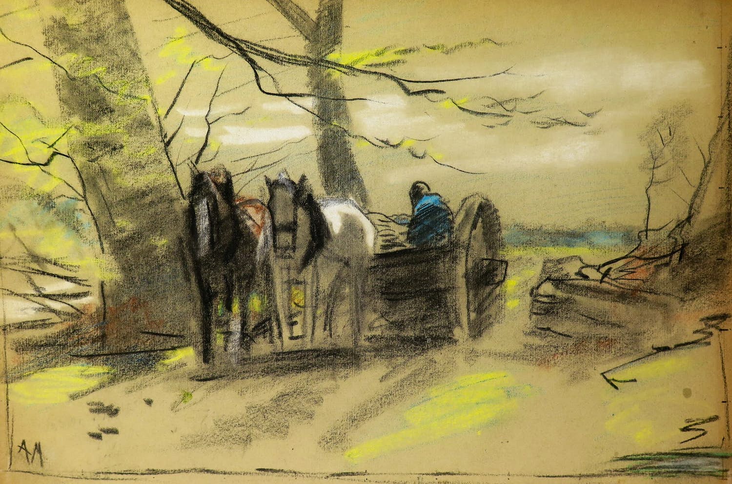 Anton Mauve (sr.) - Man met paardenkar in een boslandschap verkocht voor € 180!