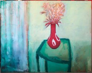 Marieke Thomassen - Acryl op doek, Lentevaas met groene tafel (Zeer groot) kopen? Bied vanaf 100!