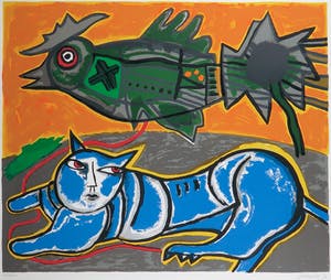 Corneille - Zeefdruk, Le grand chat bleu et l'oiseau - Ingelijst (Groot) kopen? Bied vanaf 450!