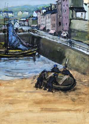 Jan Visser - gouache - stadsgezicht met haventje verkocht voor € 65!