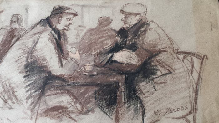 Les (Isaac) Jacobs - Krijt tekening, titel,"Boeren in gesprek". kopen? Bied vanaf 30!