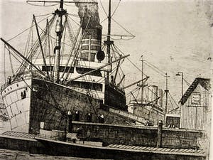 Niet of onleesbaar gesigneerd - GROTE gesigneerde Ets "Rotterdam stoomschip in parkhaven" kopen? Bied vanaf 1!