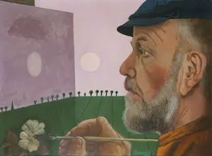 AcheterHerman Berserik - Olieverf en tempera op hardboard, Zelfportret in landschap - Ingelijst? Enchérissez de 2500!