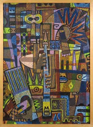 Uti Ndueze - Acryl op doek, The Flutist - Ingelijst verkocht voor € 100!