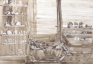 Hans van der Pennen - Klei en acryl op papier, Zelfportret in bad - Ingelijst kopen? Bied vanaf 100!