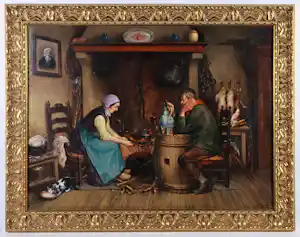 Lucien Stuyts - Olieverf op doek, Jagersfamilie in de keuken - Ingelijst vendu pour 128€ !