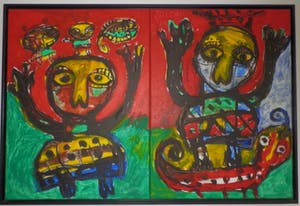 Toyin Loye - TWEELUIK ACRYLVERF op DOEK Handgesigneerd GROOT!!! kopen? Bied vanaf 750!