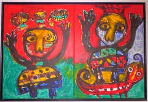 Toyin Loye - TWEELUIK ACRYLVERF op DOEK Handgesigneerd GROOT!!! verkocht voor € 750!