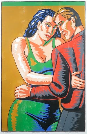 Leon Janssen - Houtsnede, Paar op oker (tête à tête)- Ingelijst kopen? Bied vanaf 80!