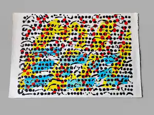 Buy Jef Diederen - grote Lino in blauw geel en rood "Krekels 2A" - kleine oplage (45) - ptldgesign.? Bid from 100!