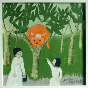 Netty Michels - Naïef olieverfschilderij, Poes in boomgaard – ingelijst – ca. 1970 verkauft für € 95!