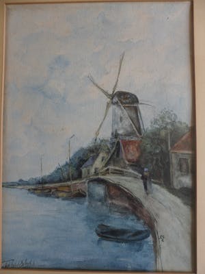 Adriaan Terhell - Aquarel, Polderlandschap molen aan het water kopen? Bied vanaf 25!