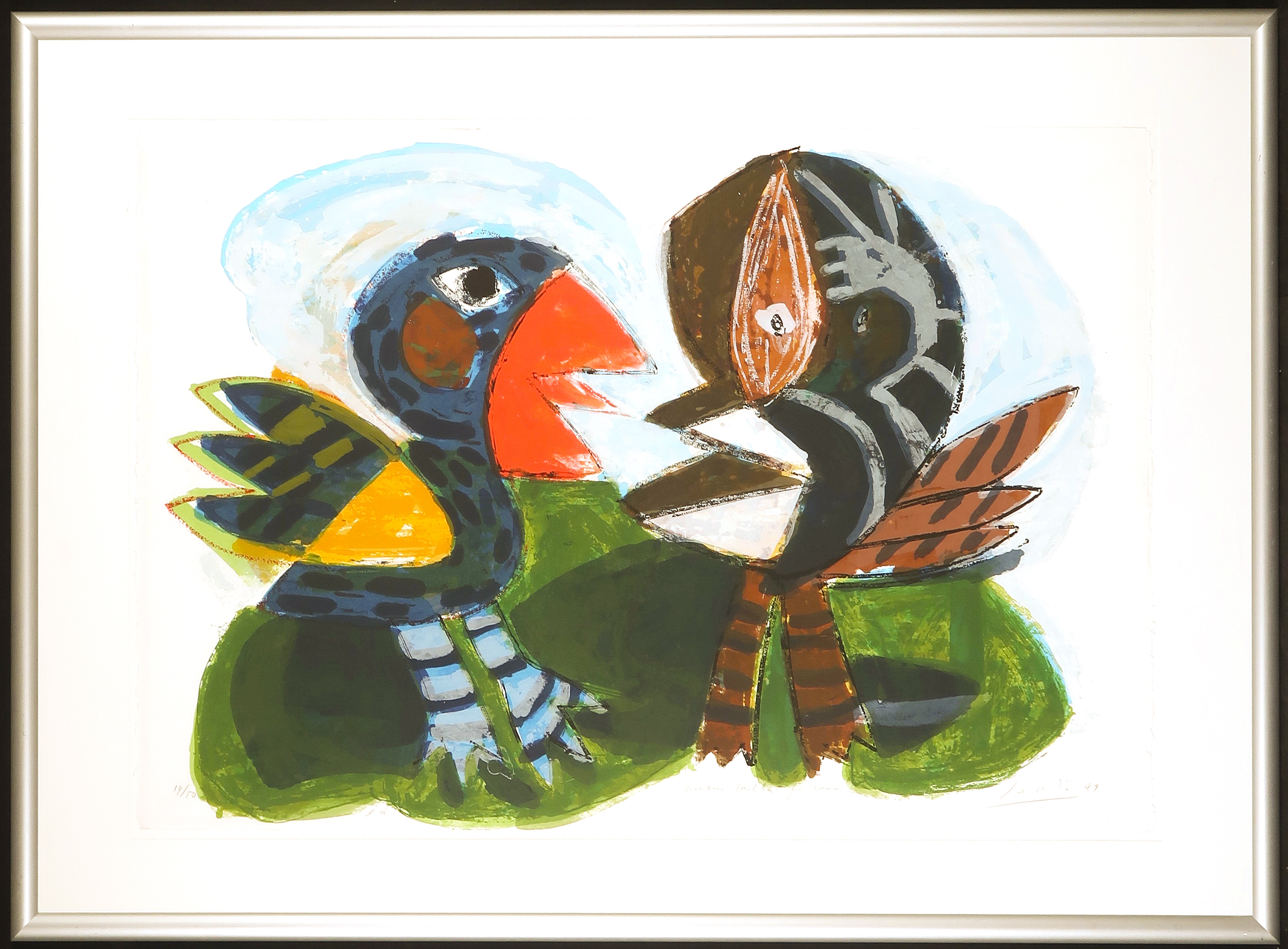 John Lie a Fo - Zeefdruk, Nature talk for 2000 - Ingelijst verkocht voor € 35!