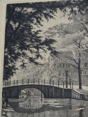 Maarten Langbroek - Ets, Reguliersgracht, Amsterdam – Gesigneerd en ingelijst – ca 1965 kopen? Bied vanaf 10!