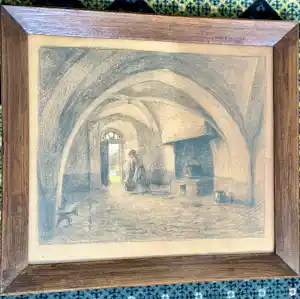 Peter Martinus Dillen - Interieur met tongewelf en figuur bij haard verkocht voor € 35!