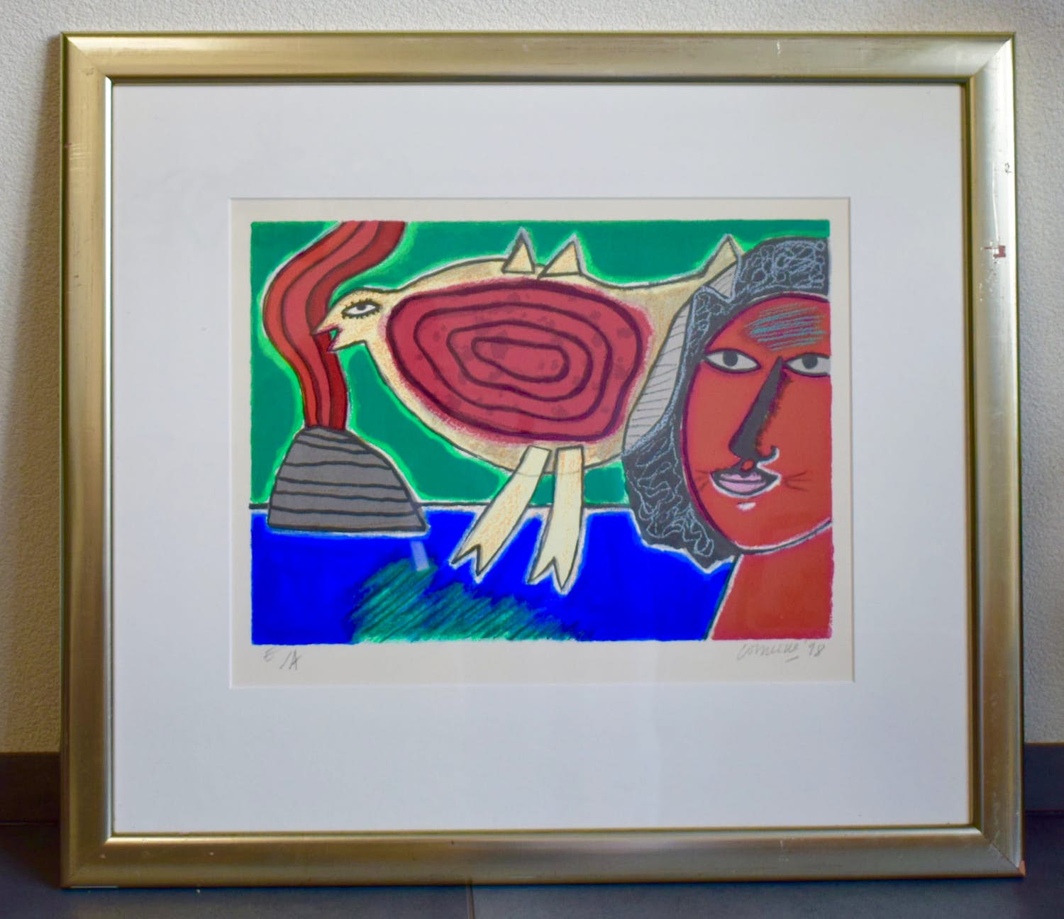 Corneille - Zeefdruk - Femme et oiso rouge - Ingelijst verkocht voor € 195!