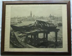 Toon Pluymers - Ingelijste ets , Gezicht op Antwerpen – Lijst, 56 x 71 cm. kopen? Bied vanaf 1!