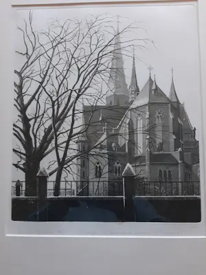 Wim Bettenhausen - Ets, Koorzijde Sint Jacobus kerk van uit de Willemstraat. kopen? Bied vanaf 100!