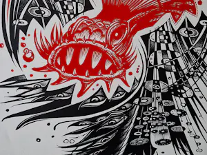 Hans van Dokkum - Grote polychrome Linosnede "signaal-rode zeeduivel" - zeer kleine oplage (8) kopen? Bied vanaf 36!