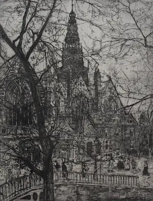 Pieter Dupont - ets: oude kerkplein, Amsterdam - 1895 + certificaat kunsthandel Borzo kaufen? Bieten Sie von 125!