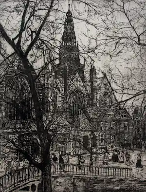 Pieter Dupont - ets: oude kerkplein, Amsterdam - 1895 + certificaat kunsthandel Borzo verkauft für € 125!